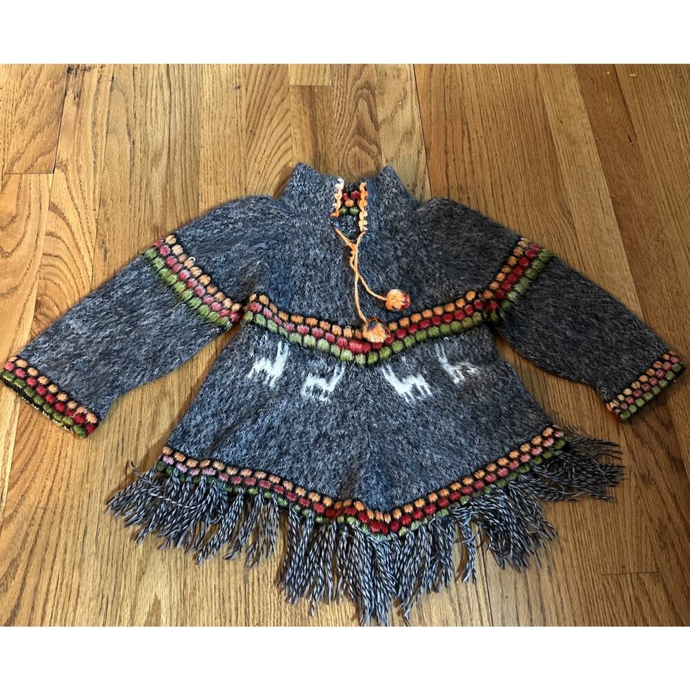 Kids Alpaca Wool Knit Pullover Sweater Hypoallergenic Size 3T Fray Hem Poncho
